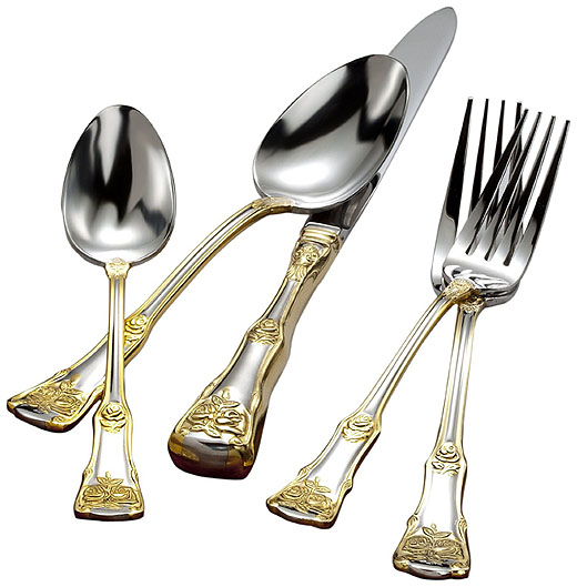 Old Country Roses 65-Piece Flatware Set with gold