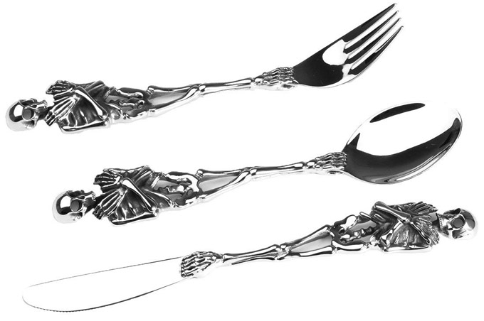 Personality Silver Black Skull Skeleton Stainless Cutlery Flatware