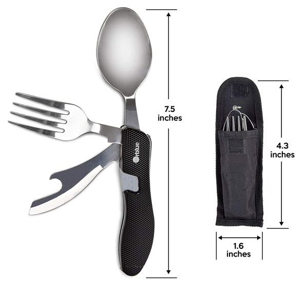 ORBLUE 2-PACK 4-in-1 Camping Utensils - Portable Stainless-Steel Camping Spoon, Fork, Knife and Can/Bottle Opener - Backpacking Utensils with Case