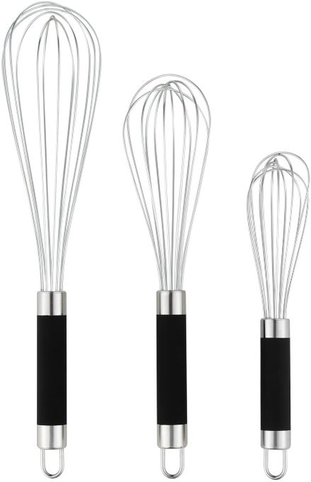 Coolmade Set of 3 Stainless Steel Whisk 8 inch+10 inch+12 inch, Kitchen Balloon Hand Stainless Whisk Set for Blending Whisking Beating Stirring, Silver